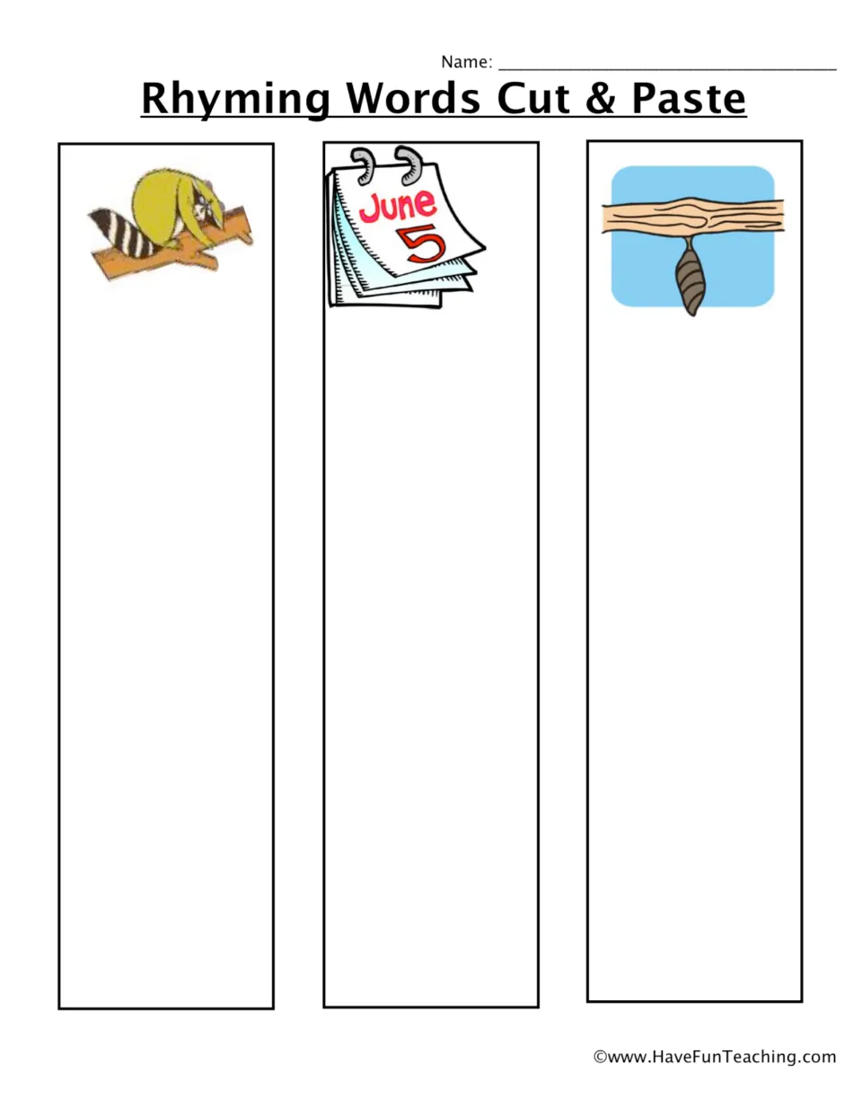 Rhyme sort paste page: students glue rhyming pictures under a hiding raccoon, a June 5 calendar date and a cocoon