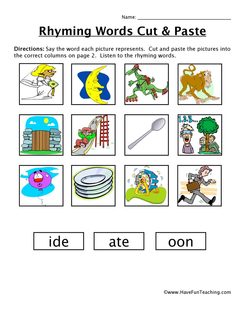 Rhyming Words ide ate oon Cut And Paste Worksheet By Teach Simple