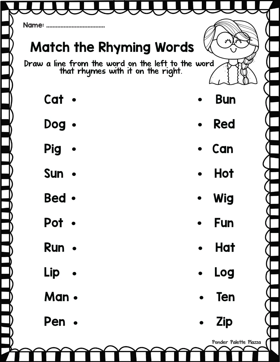 Match the Rhyming Words: students draw lines pairing 10 CVC words like cat, dog and pen with rhymes such as hat and log