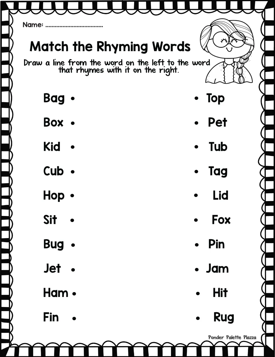 Second rhyme matching set: students connect bag, box, kid, cub and six more words to rhymes like tag, fox, lid and tub