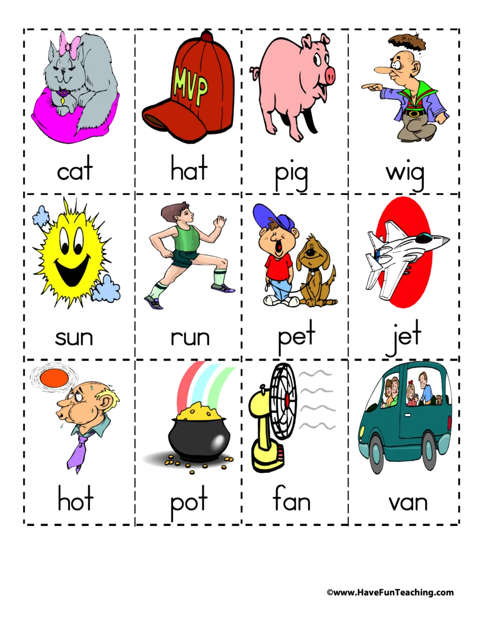 Labeled rhyming picture cards 1–12: cat/hat, pig/wig, sun/run, pet/jet, hot/pot, and fan/van.