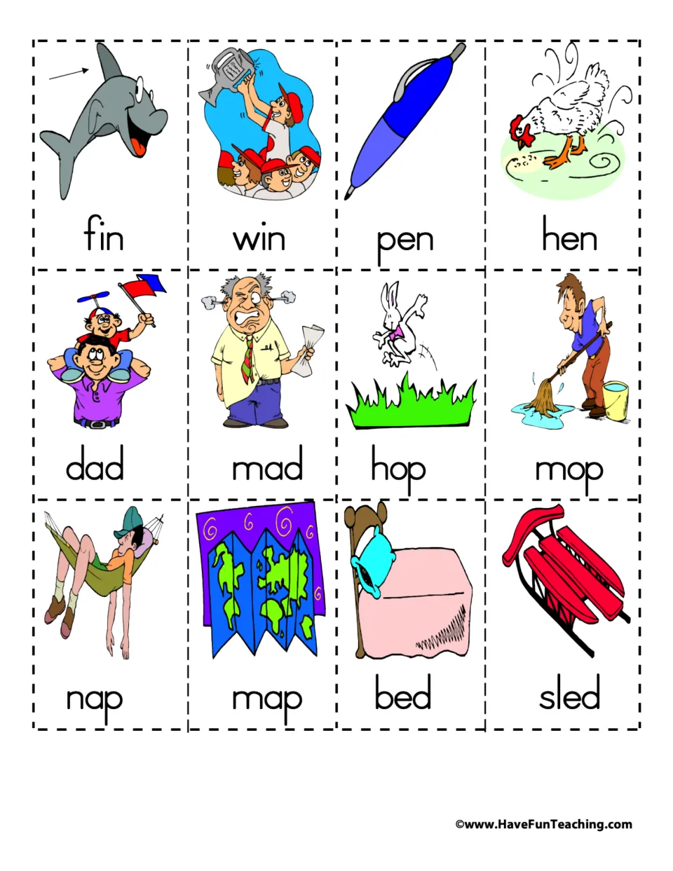 Labeled rhyming picture cards 13–24: fin/win, pen/hen, dad/mad, hop/mop, nap/map, and bed/sled.