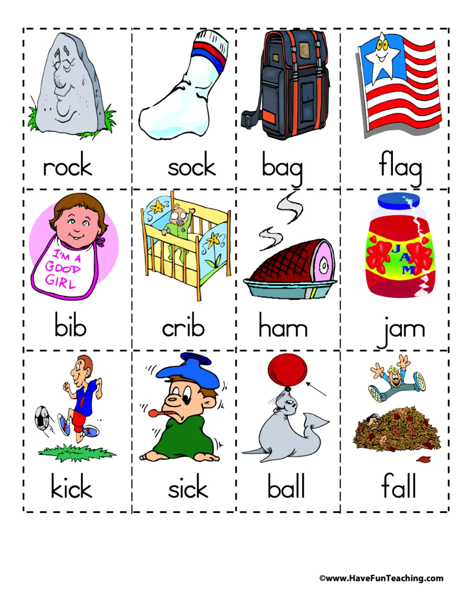 Labeled rhyming picture cards 25–36: rock/sock, bag/flag, bib/crib, ham/jam, kick/sick, and ball/fall.