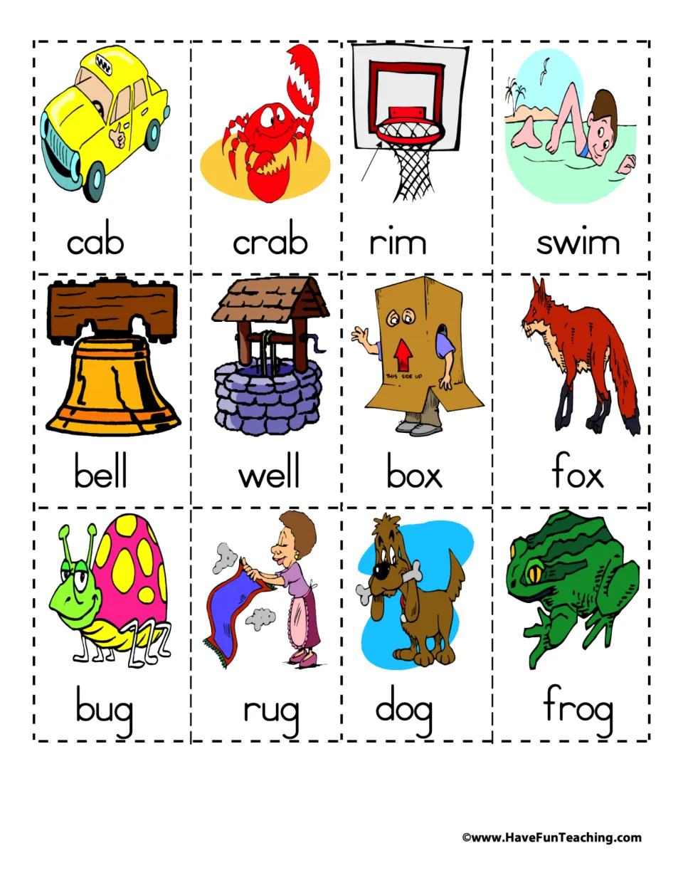 Labeled rhyming picture cards 37–48: cab/crab, rim/swim, bell/well, box/fox, bug/rug, and dog/frog.