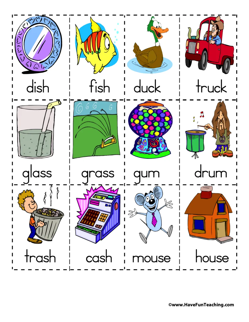 Labeled rhyming picture cards 49–60: dish/fish, duck/truck, glass/grass, gum/drum, trash/cash, and mouse/house.