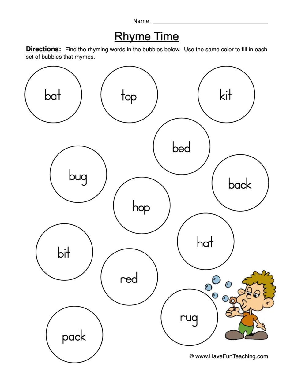 Rhyming practice sheet: color six word pairs, including bat/hat, top/hop, kit/bit, bed/red, bug/rug and back/pack.