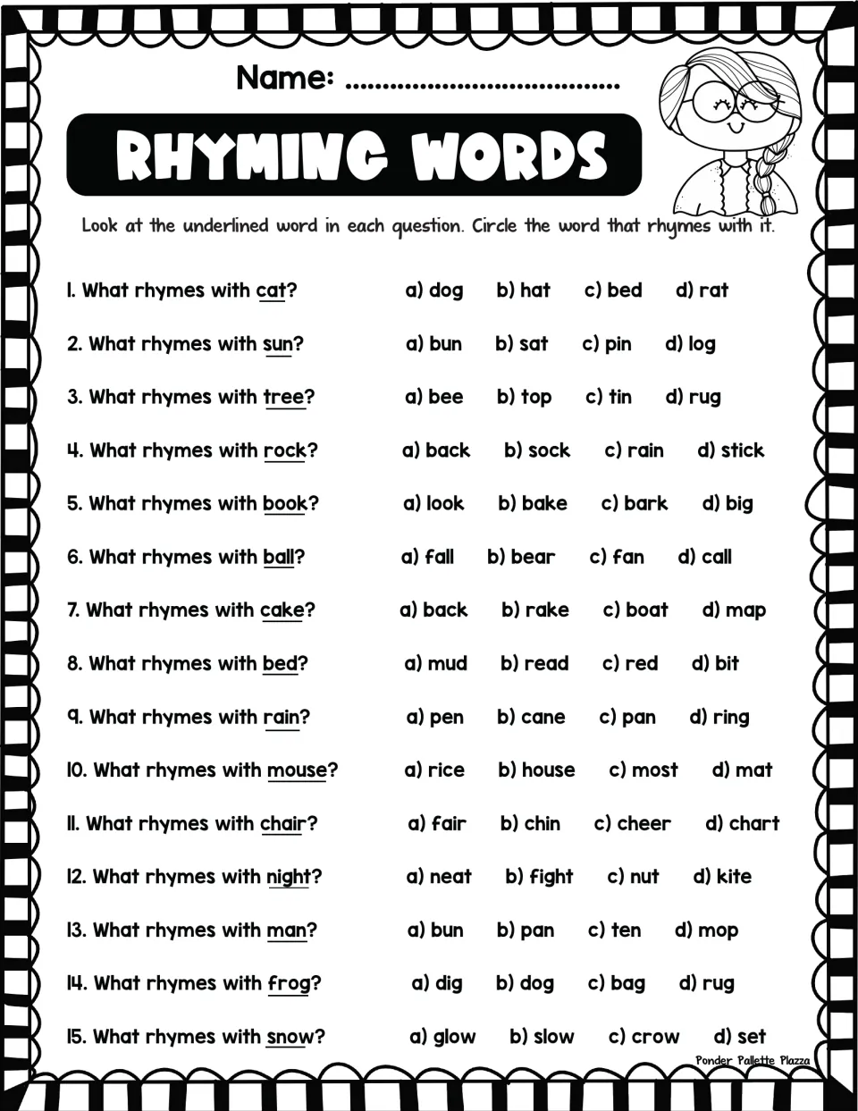 Rhyming practice sheet with 15 multiple-choice questions for cat, sun, tree, rock, and 11 more words.