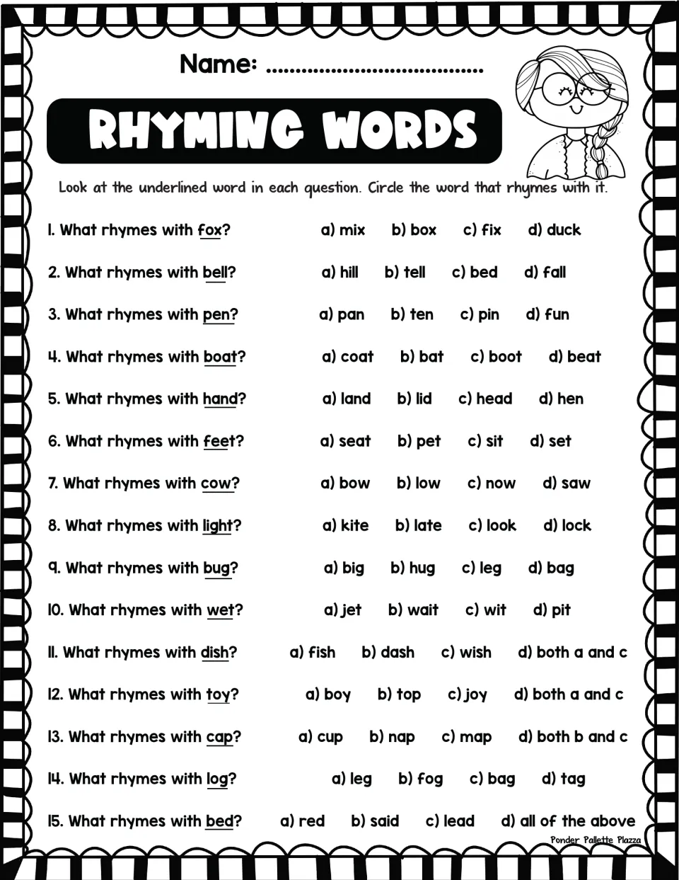 Rhyming practice sheet with 15 multiple-choice questions for fox, bell, pen, boat, and 11 more words.