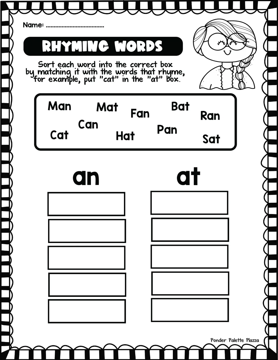 -an and -at word family sort: students write man, fan, can, ran, pan, cat, mat, bat, hat, sat under the rhyming ending