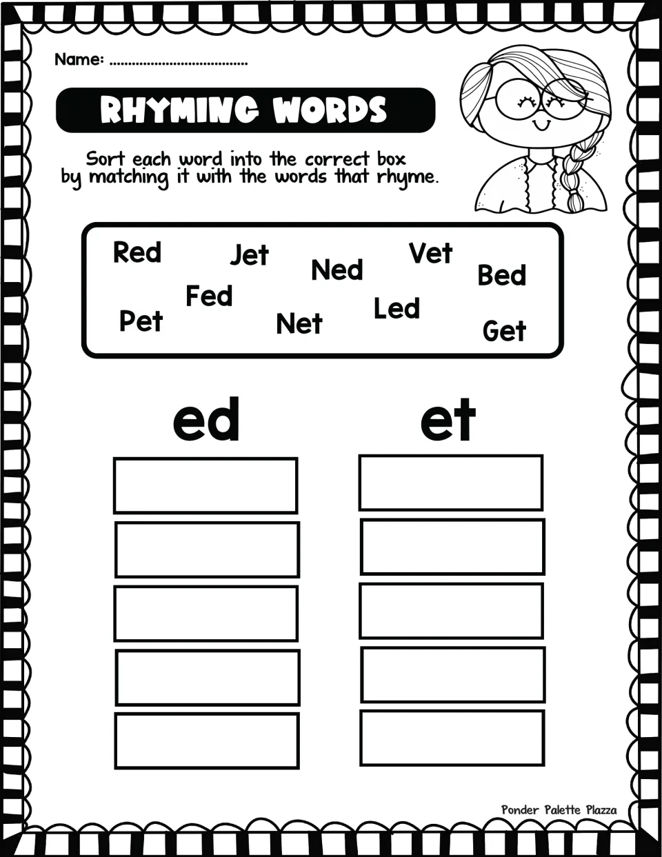 -ed and -et rhyme sort: students place red, fed, Ned, bed, led, jet, pet, vet, net and get under the matching word ending