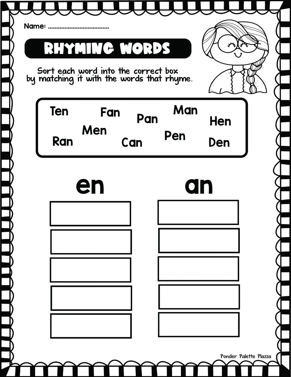 -en and -an rhyme sort: students sort ten, men, hen, pen, den, fan, pan, man, ran and can by vowel sound and word ending