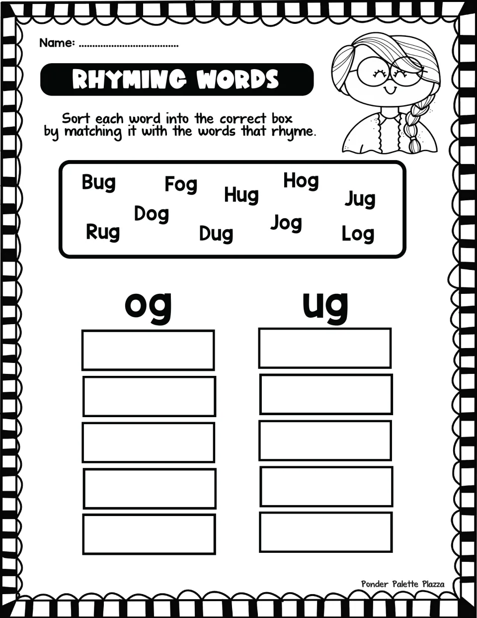 -og and -ug rhyme sort: students sort dog, fog, hog, jog, log, bug, hug, jug, rug and dug under the correct rhyming ending