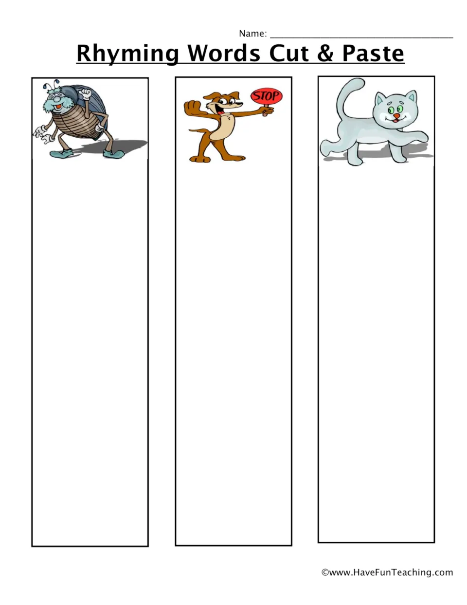 Rhyming sort mat headed by a bug, a dog holding a stop sign and a cat, where students paste the matching rhyming pictures
