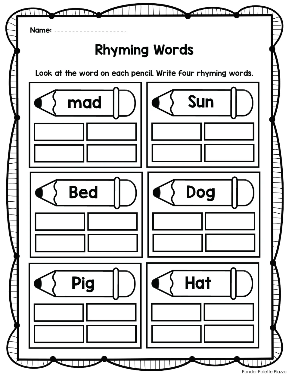 Rhyming words: students write four words that rhyme with each pencil word: mad, sun, bed, dog, pig and hat