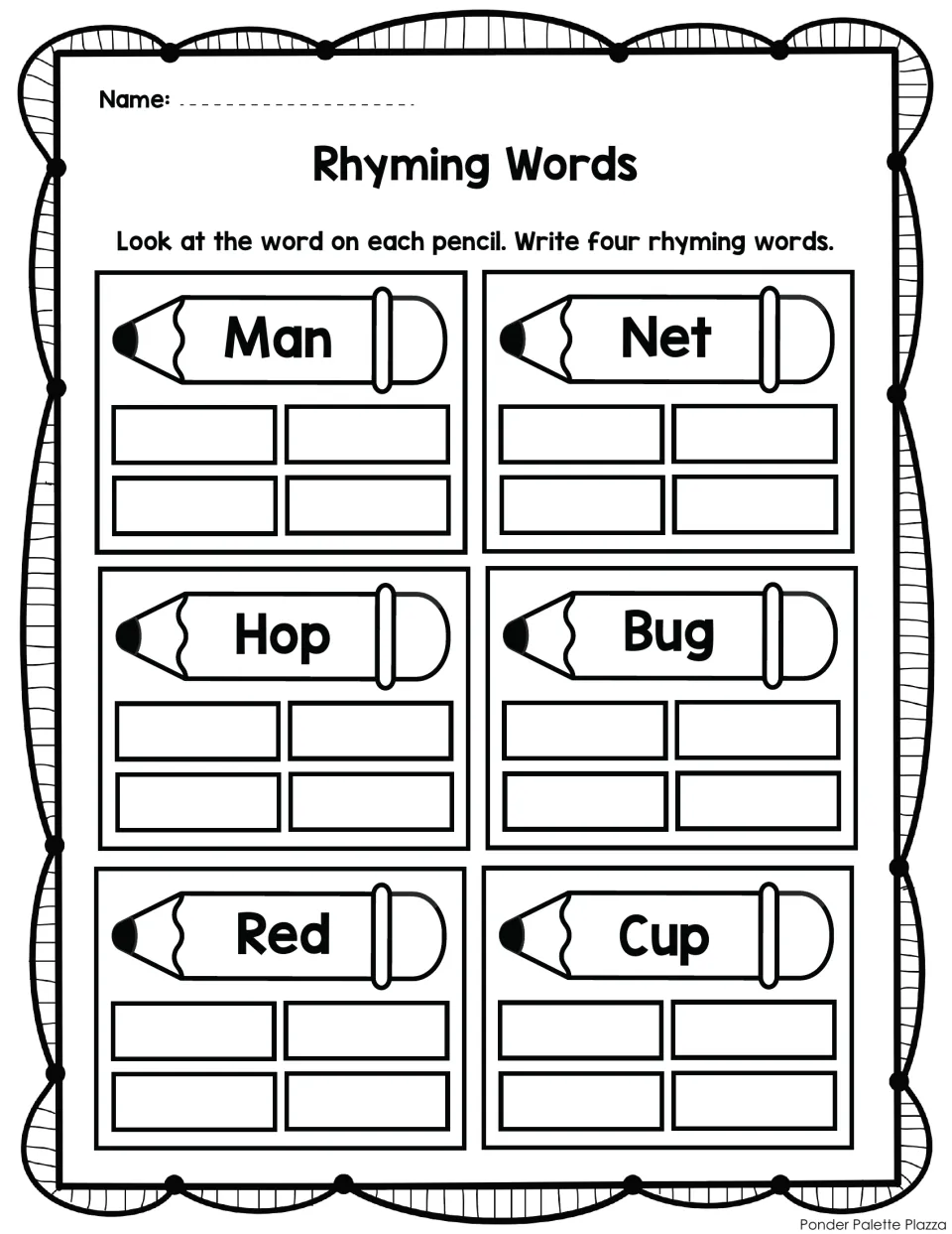 Rhyming practice: students list four rhymes for each pencil word: man, net, hop, bug, red and cup