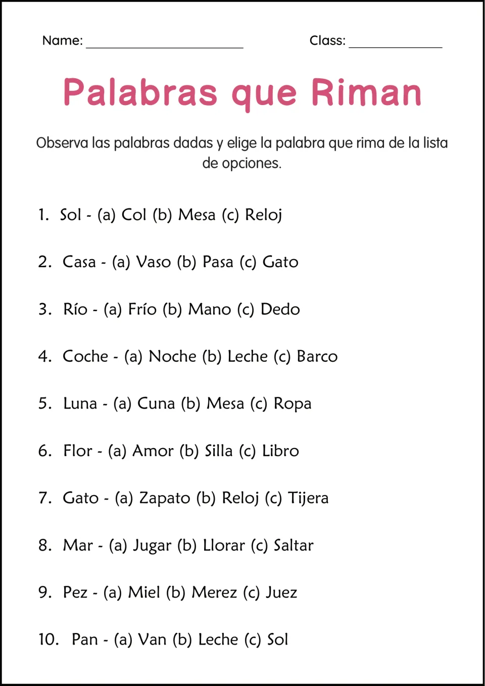 Palabras que Riman: students pick the rhyming word from three choices for 10 Spanish words, such as Sol, Casa and Luna