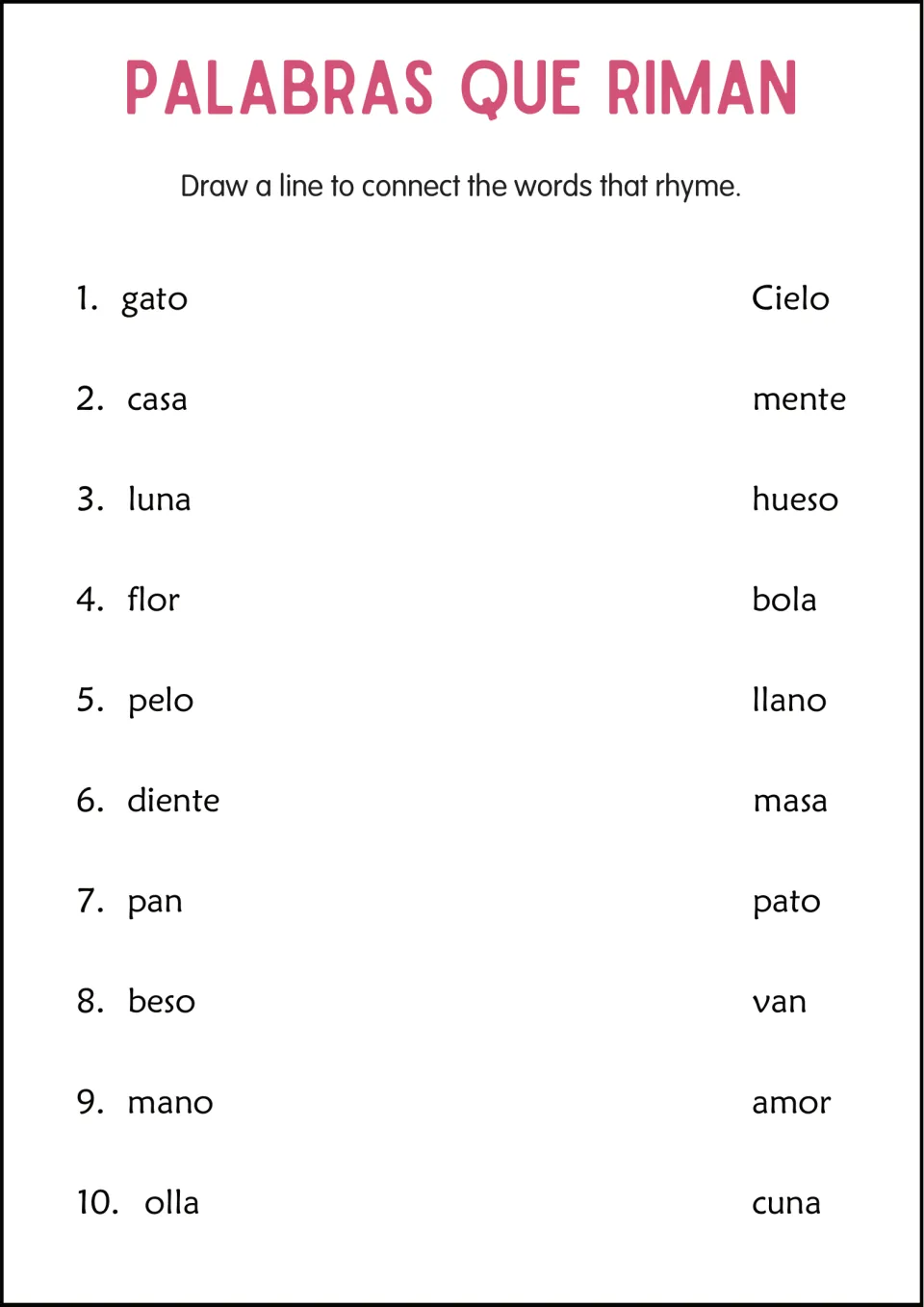 Rhyme matching in Spanish: students draw lines to connect 10 rhyming pairs, such as gato with pato and luna with cuna
