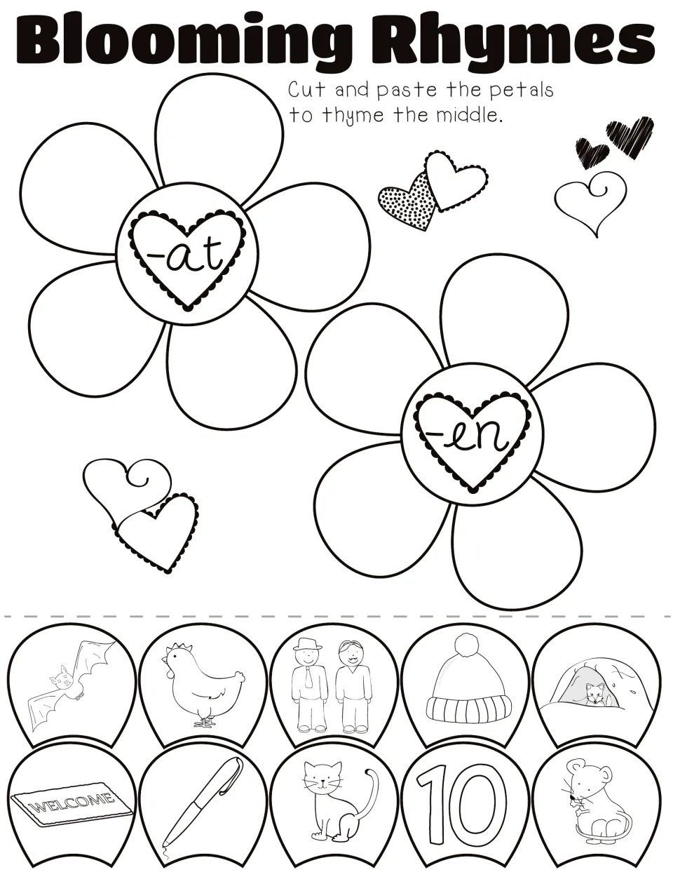 Blooming Rhymes: students cut out 10 picture petals such as bat, hen and pen and paste each on its rhyming -at or -en flower