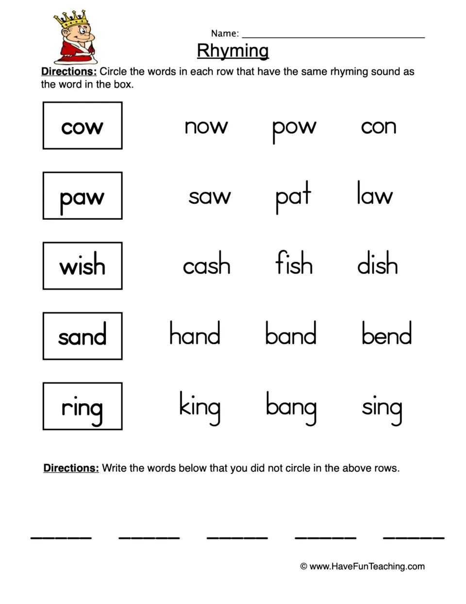 Rhyming: students circle words that rhyme with cow, paw, wish, sand and ring, then write the non-rhyming words