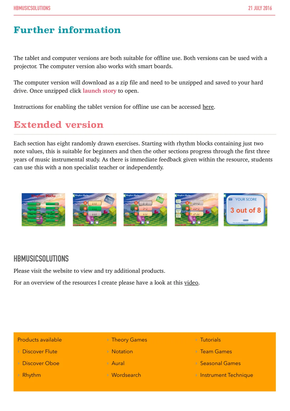 Further information guide covering offline use, computer setup, and eight random exercises in each section.