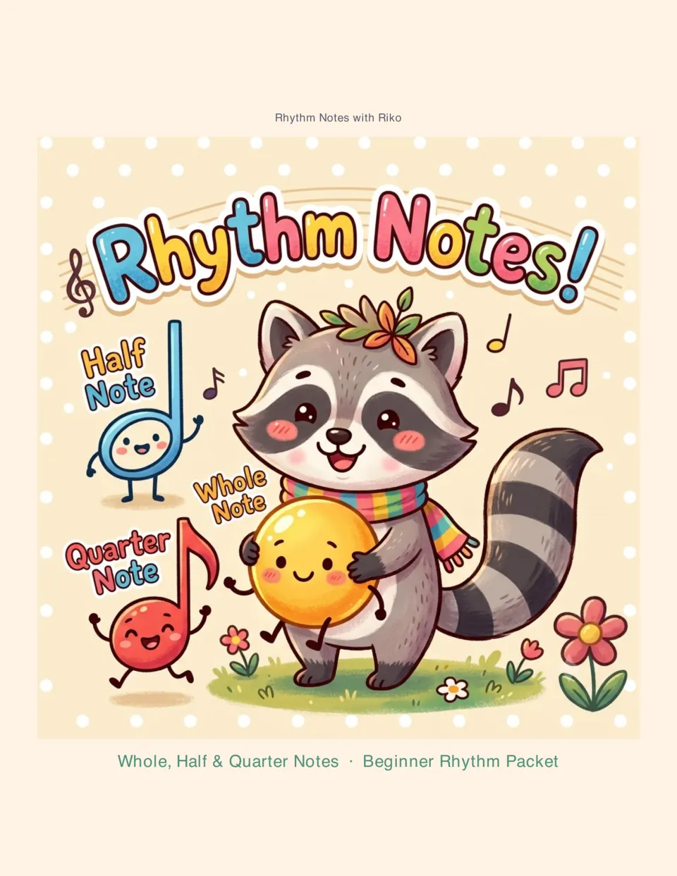 Rhythm Notes! beginner packet cover: Riko the raccoon holds a smiling whole note beside half and quarter note characters