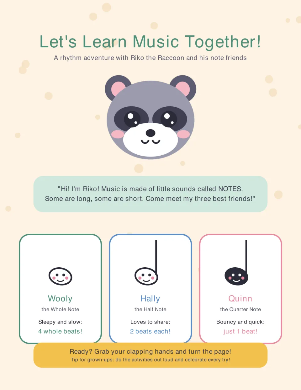 Meet the characters: Riko the raccoon introduces Wooly, who lasts 4 beats, then Hally at 2 and Quinn at just 1