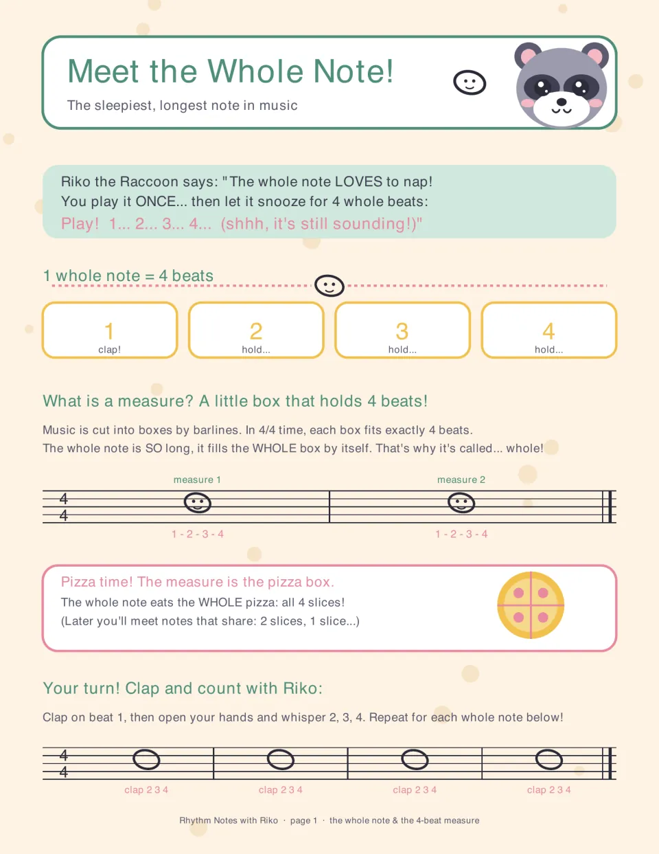 Whole note = 4 beats and the 4/4 measure: students clap beat 1 and whisper 2, 3, 4 for each of four whole notes