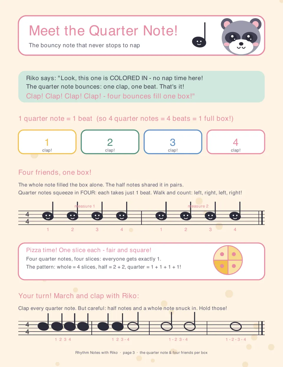 Quarter note = 1 beat: four fill a measure; students march and clap a line mixing quarters with half and whole notes