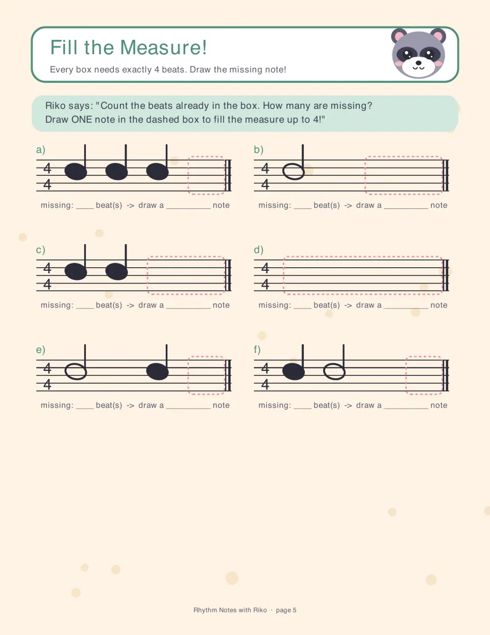 Fill the Measure: students count beats in six 4/4 measures and draw the one missing note to reach 4 beats