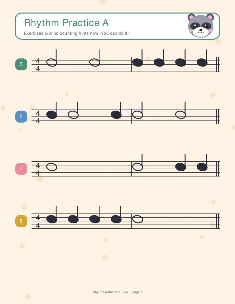 Rhythm Practice A: students clap exercises 5-8, two-measure 4/4 rhythms read without counting hints