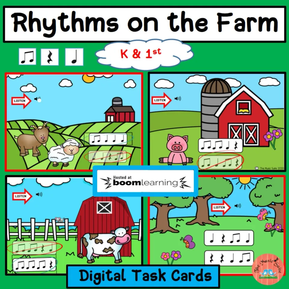 Cover of Rhythms on the Farm, a kindergarten and first grade Boom Cards set using notes and rests.