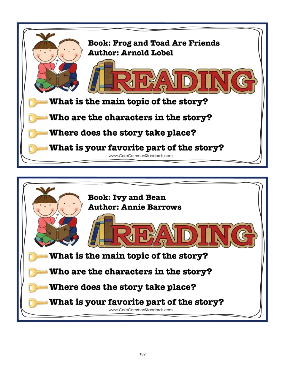 Reading cards 1–2 for Frog and Toad Are Friends and Ivy and Bean ask about topic, characters, and setting