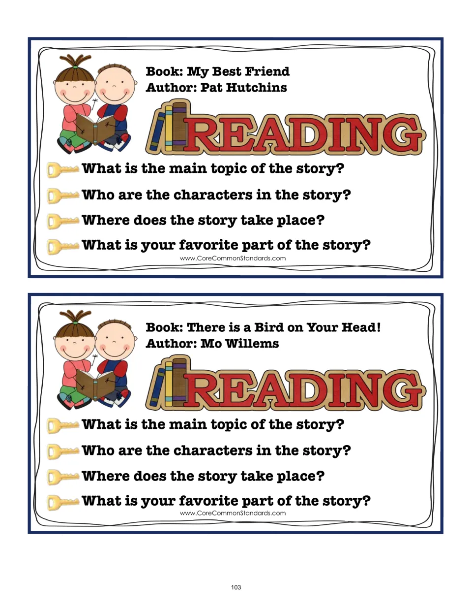 Reading cards 3–4 for My Best Friend and There is a Bird on Your Head! ask four questions about each story