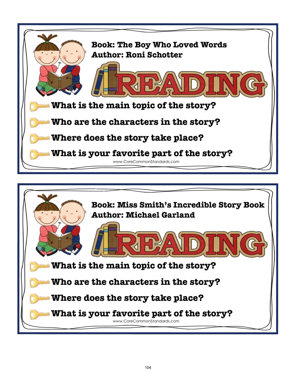 Reading cards 5–6 pair story questions with The Boy Who Loved Words and Miss Smith’s Incredible Story Book