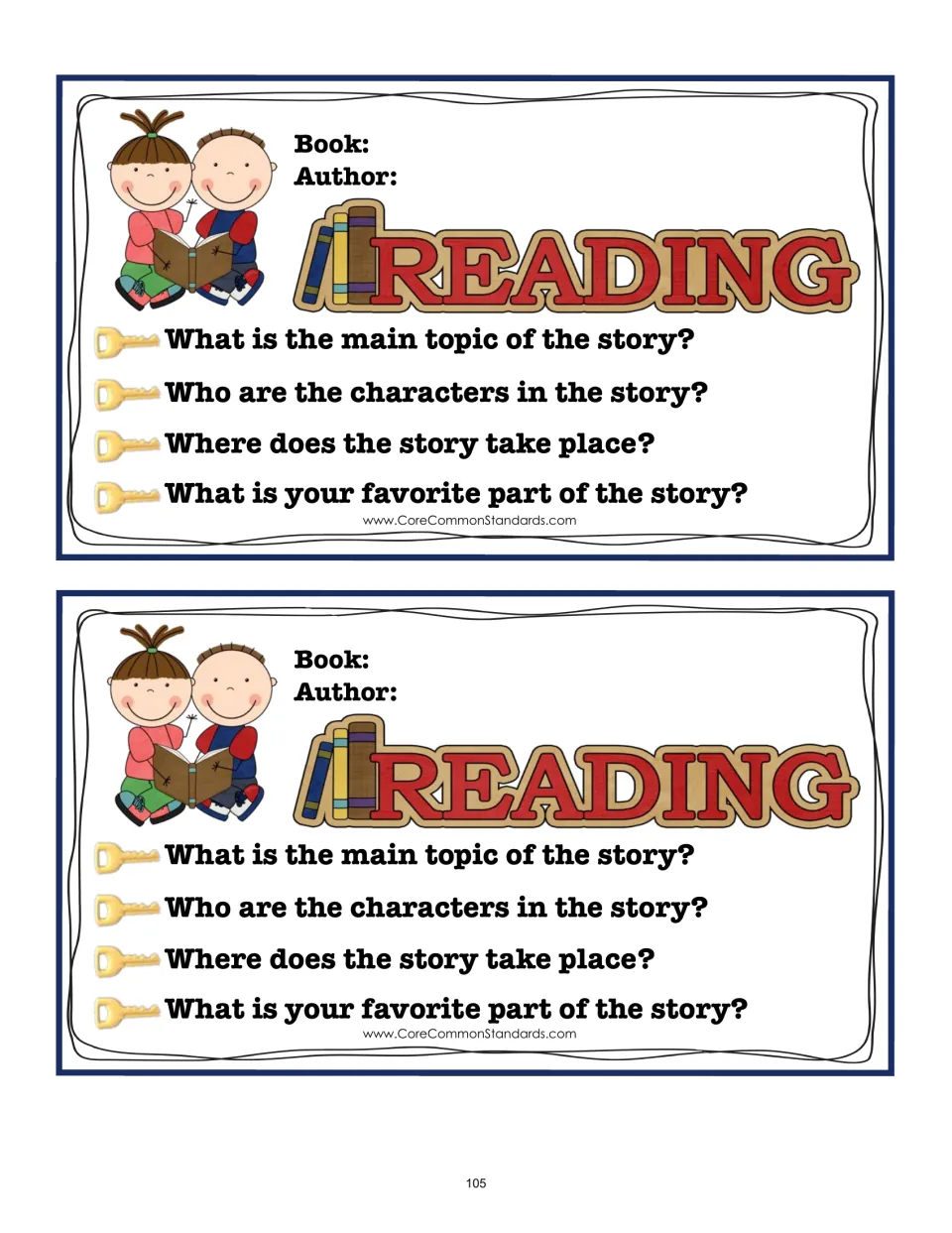 Reading cards 7–8 leave book and author blank and ask about topic, characters, setting, and favorite part