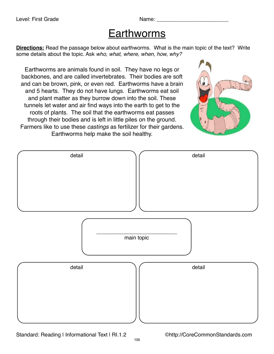 Earthworms passage worksheet asks students to identify the main topic and record four supporting details