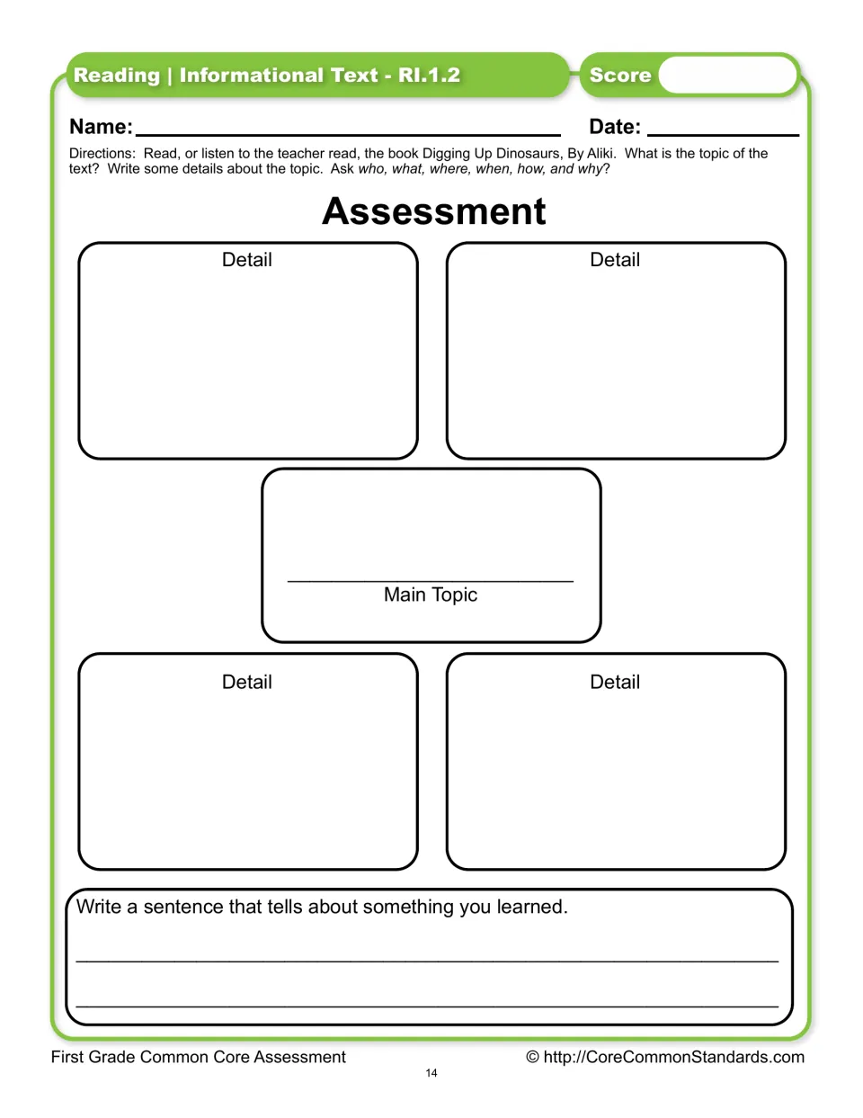 Digging Up Dinosaurs assessment asks for the main topic, four details, and a sentence about something learned