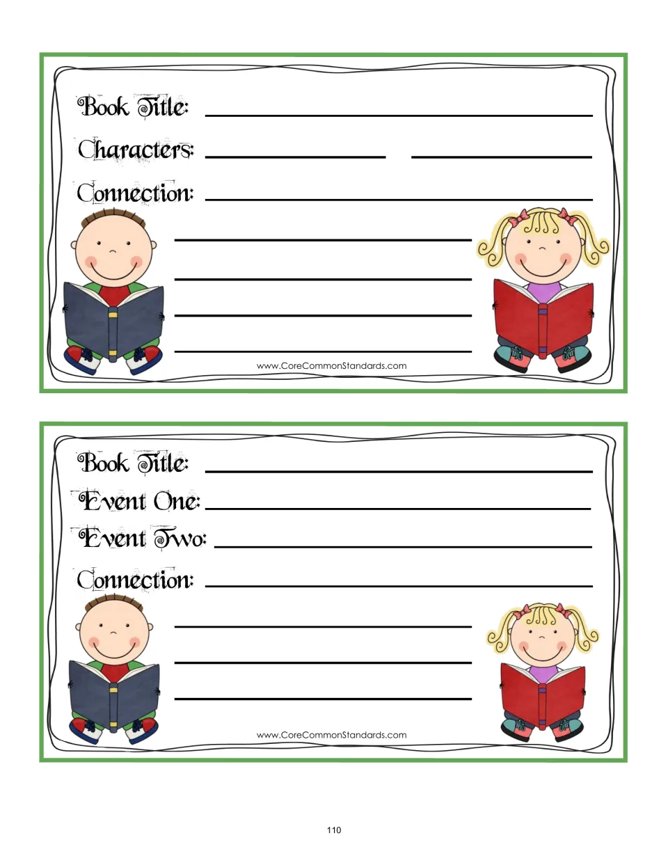 Connection cards 1–2 of four ask for a book title and connections between characters or between two events