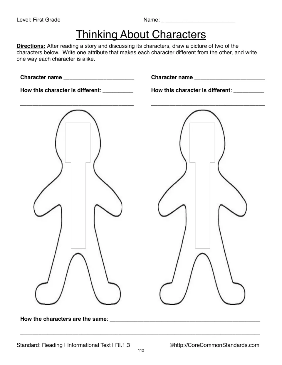 Thinking About Characters worksheet asks students to draw two characters and explain similarities and differences