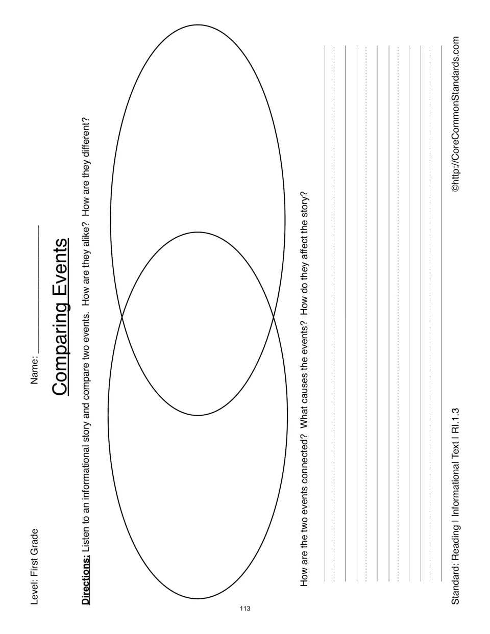 Comparing Events worksheet asks how two events are alike, different, connected, caused, and affect the story