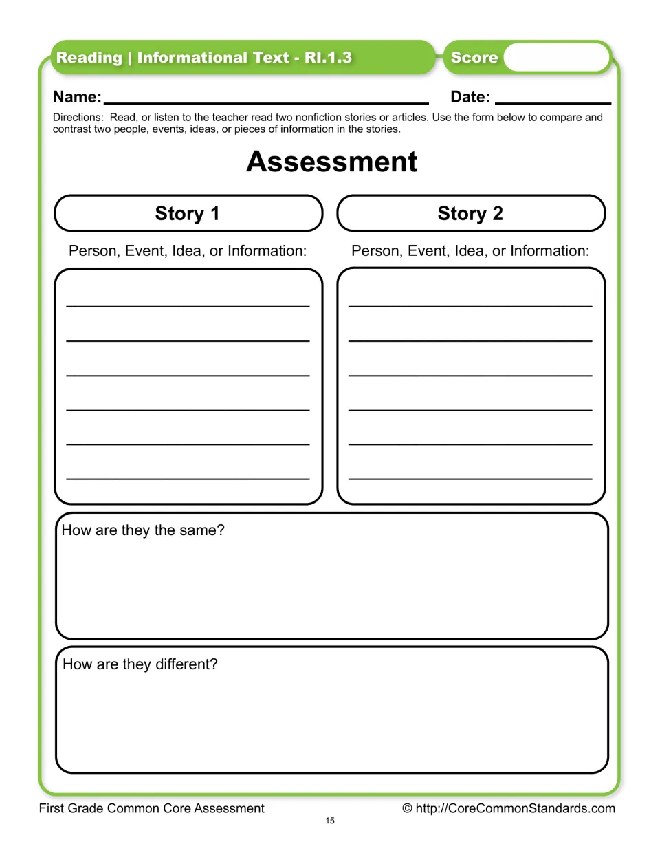 Reading assessment asks students to compare people, events, ideas, or information from two nonfiction texts