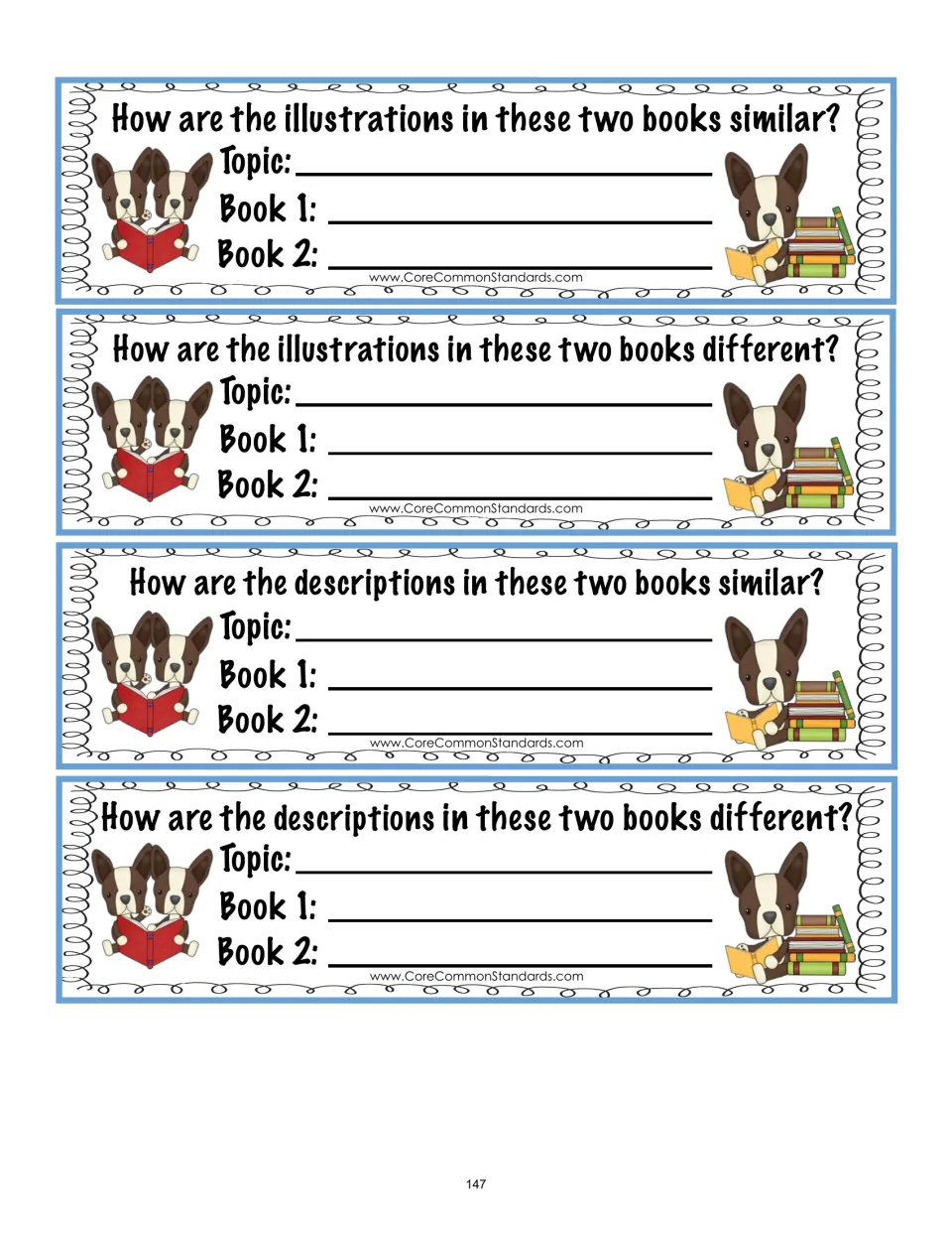 Comparison cards 1–4 ask how illustrations and descriptions in two books are similar and different