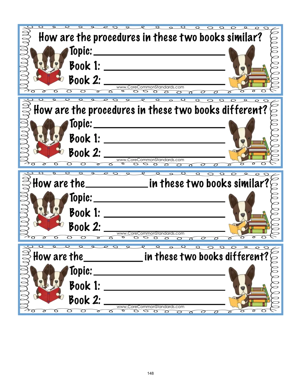 Comparison cards 5–8 ask about similar and different procedures and include two fill-in comparison prompts