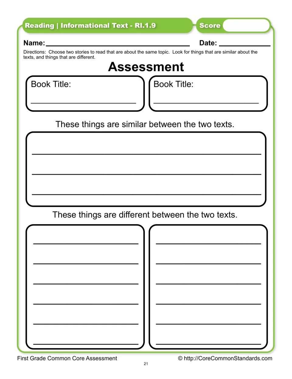 Reading assessment asks students to name two books on the same topic and record similarities and differences
