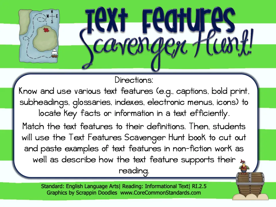 Scavenger-hunt directions: match text features to definitions, paste nonfiction examples, and explain their use.