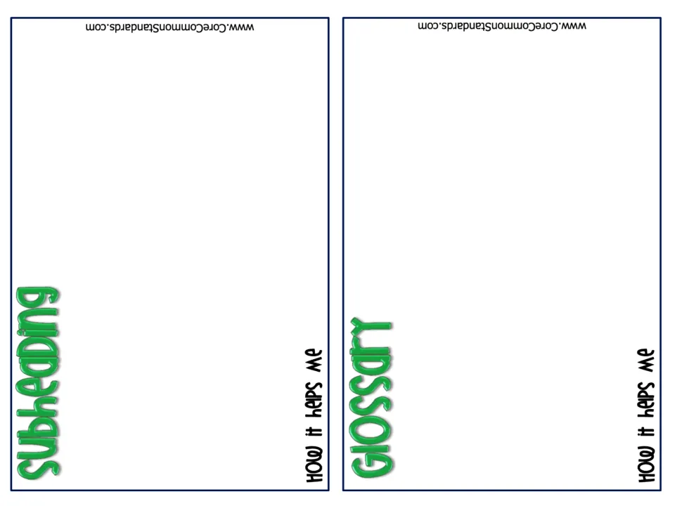 Student-book pages for subheading and glossary examples, each asking students to explain how it helps.