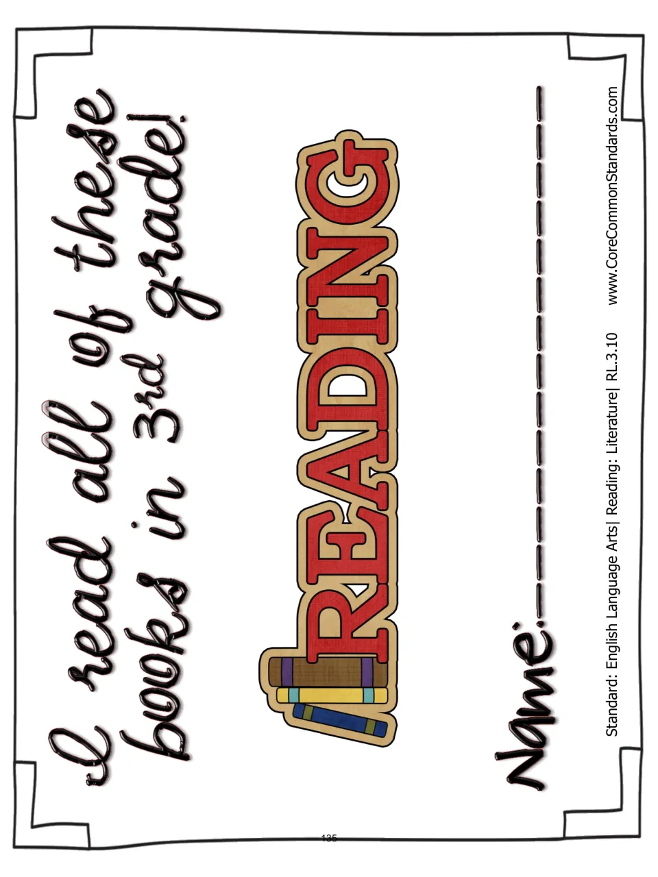 Student reading booklet cover titled “I read all of these books in 3rd grade!” with a place for a name