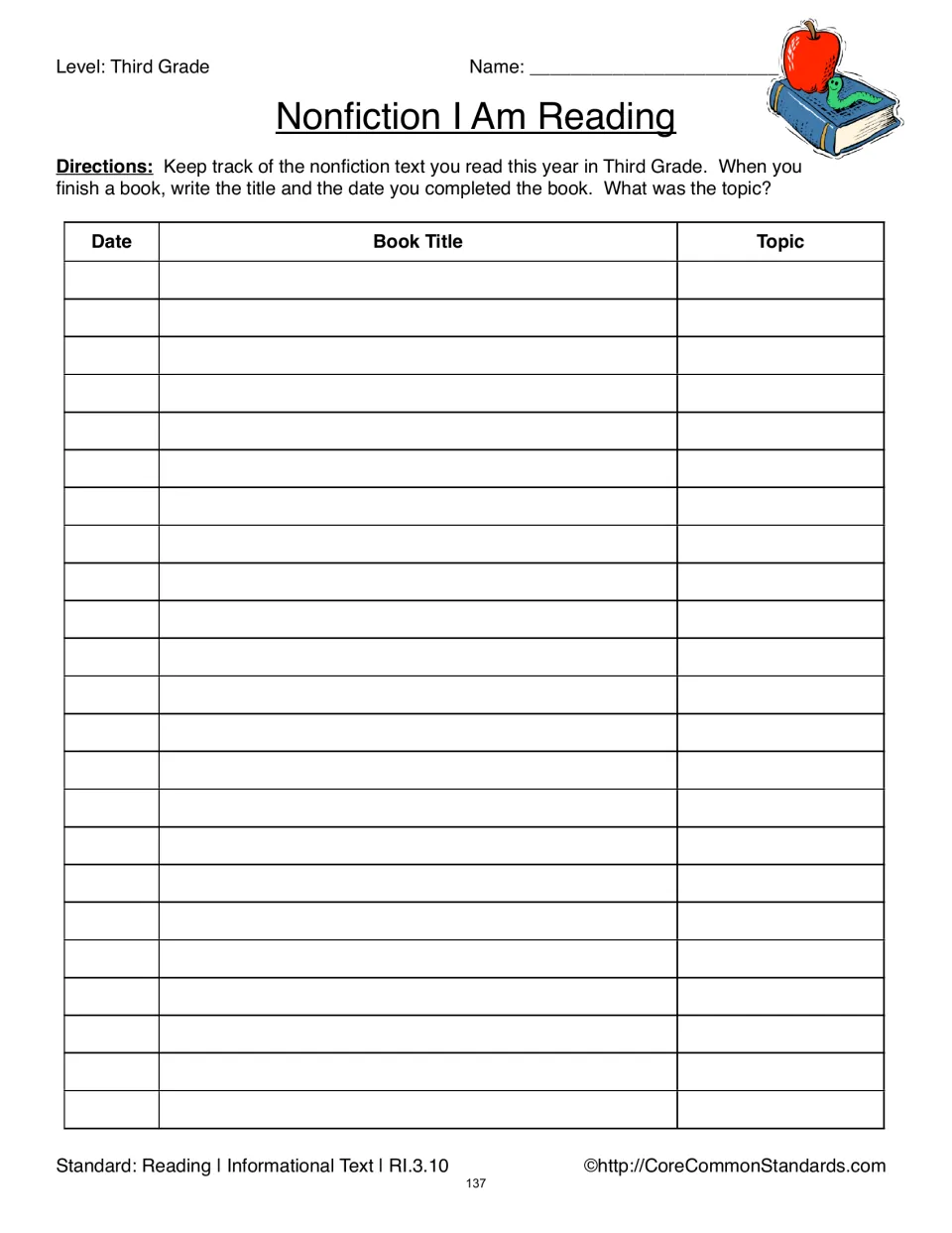 Student log titled “Nonfiction I Am Reading” records completion dates, book titles, and nonfiction topics