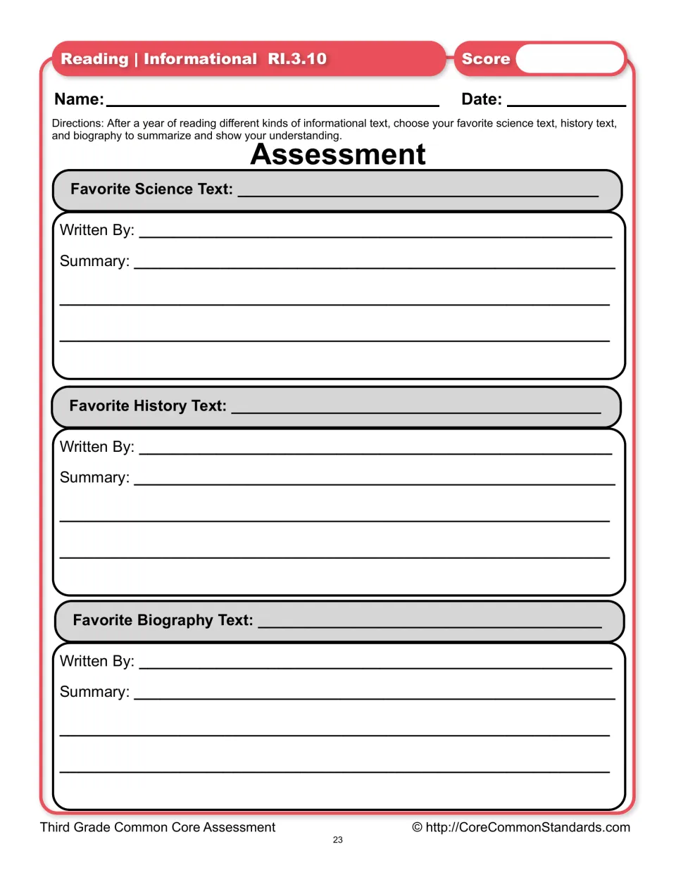 Reading assessment asks students to name authors and summarize favorite science, history, and biography texts
