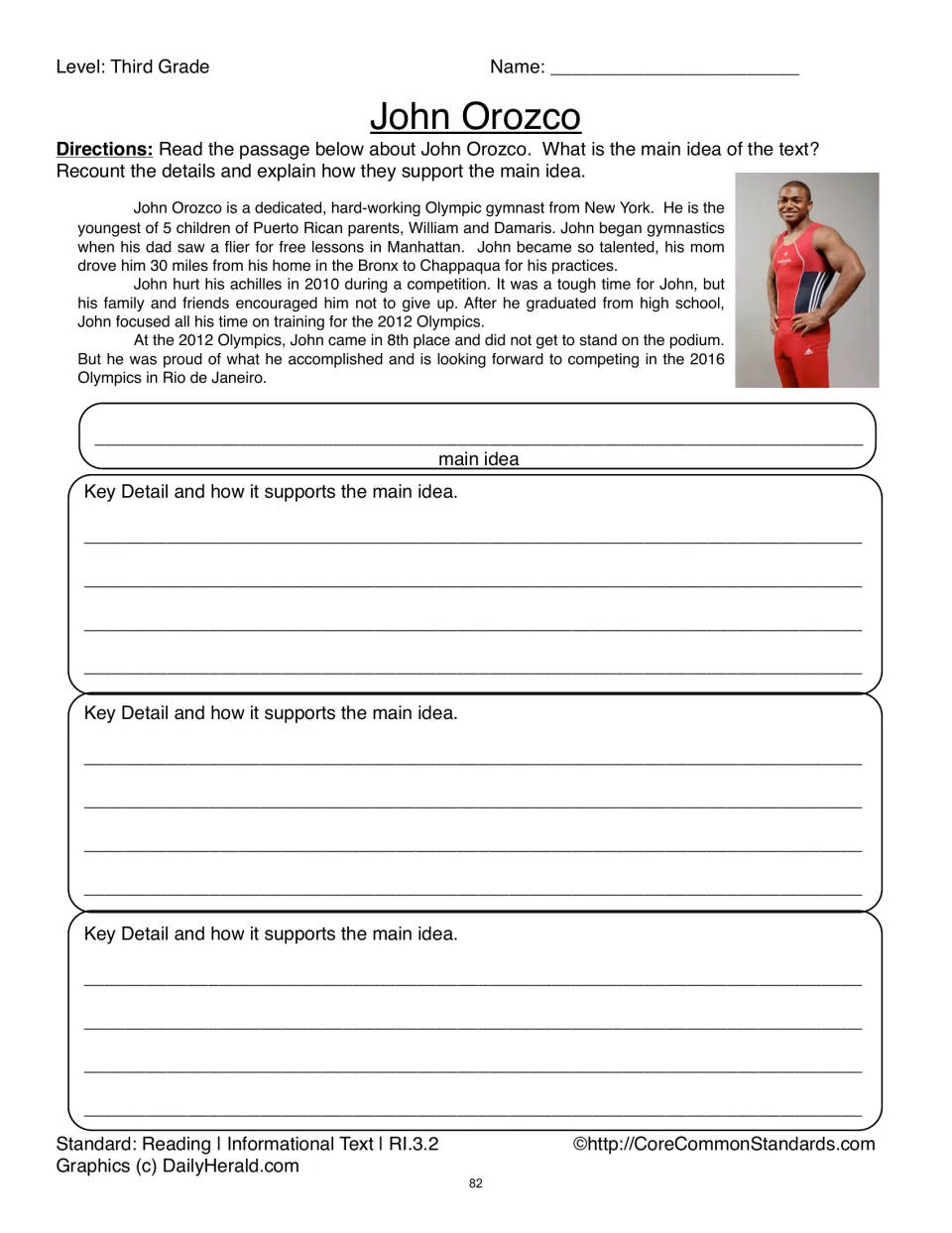 John Orozco passage and response activity ask for the main idea and three supporting details about the gymnast